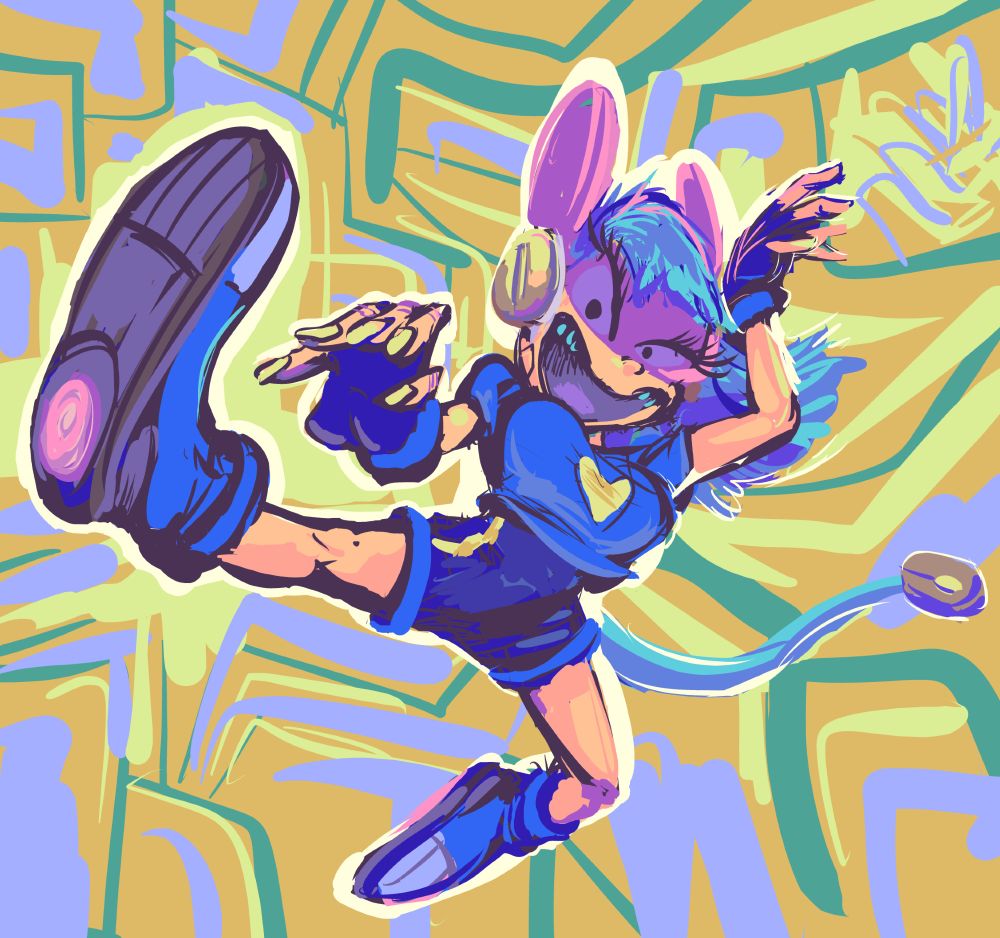stylized image of a young woman wearing unusual. flashy blue garb and a pink face visor that somehow also includes a pair of pink shapes that resemble cartoon mouse ears, jumping and kicking toward and slightly to the left of the viewer, with a curious tail-like appendage trailing behind, in front of an erratic abstract background
