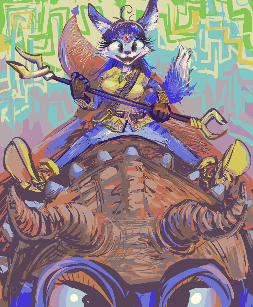 dorky smiling blue fox person wearing incomplete yellow garb and fingerless gloves holding a strange fork-ended spear-like object, sitting strangely on a creature implied to be a cartoon triceratops which is wearing curious blue goggles
