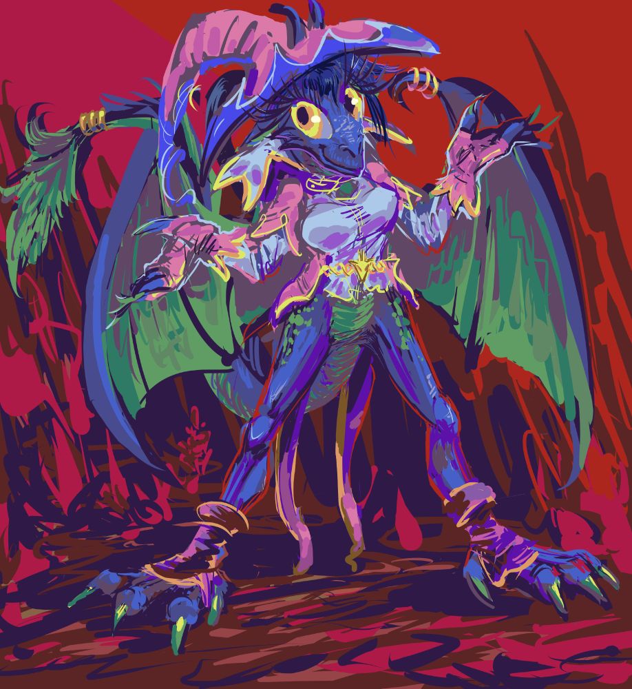 anthropomorphic dragon person with black or blue skin with green spots wearing vaguely wizard type garb in a dorky shoulder shrugging gesture in front of reddish rock-like scenery and a red void implied to be sky