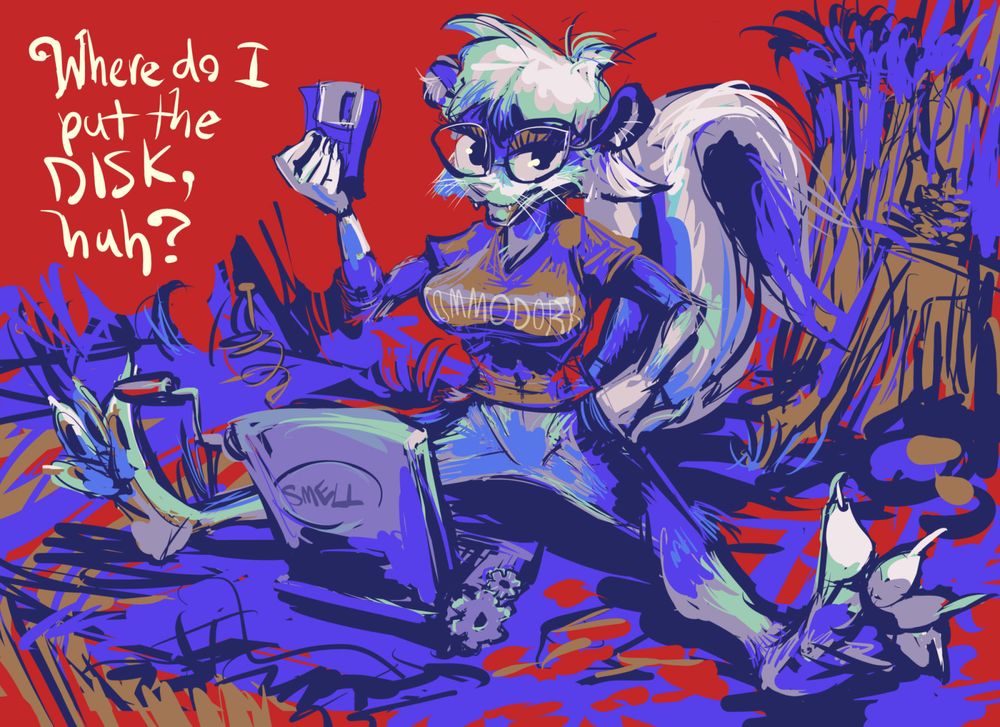 anthropomorphic pantsless skunk person associated with "Sabrina Online" production but with exaggerated physical characteristics, sitting strangely in front of a lap-top style computer and holding up an old style computer disk while asking "Where do I put the DISK, huh?"