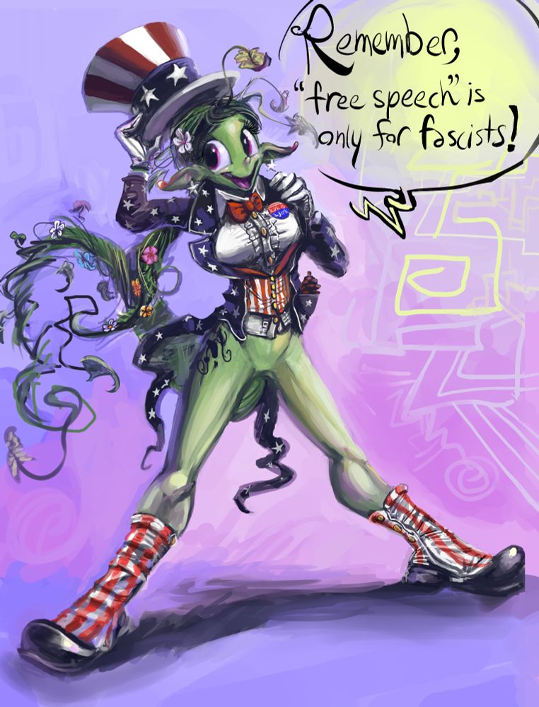 corny anthropomorphic plant person wearing white blue and red colored garb but not trousers proclaiming "Remember, 'free speech' is only for fascists!"