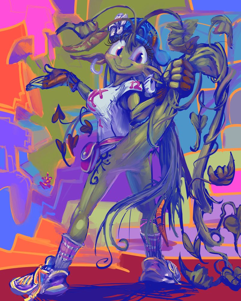 annoying sport-garbed yet trouserless plant person grabbing own tail and smiling at viewer in front of a nonsensical rainbow-colored background