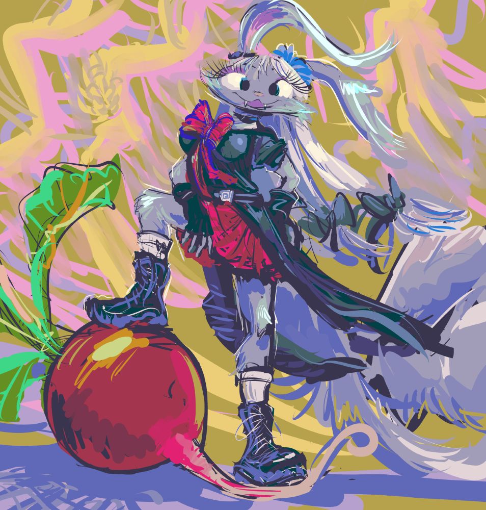 a mysterious cat-rabbit hybrid person with multiple tails and black and red clothing stepping on an enormous radish in front of a vague yellowish background