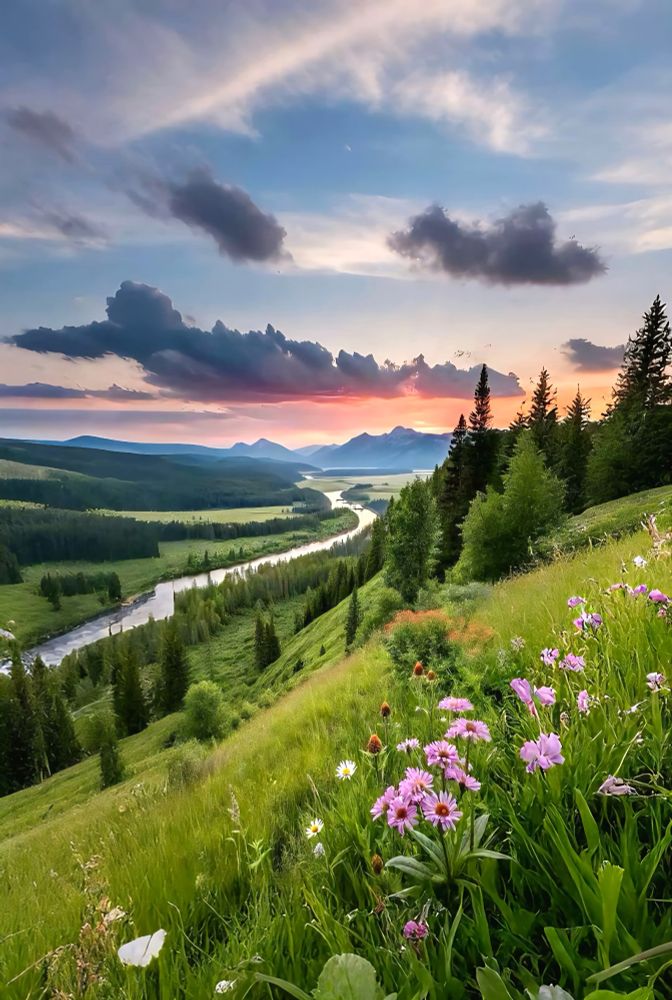 Landscape with pink flowers, hills, trees and a river. 