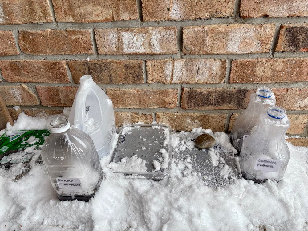A collection of various recycled plastic containers sitting in some snow against a brick background. 