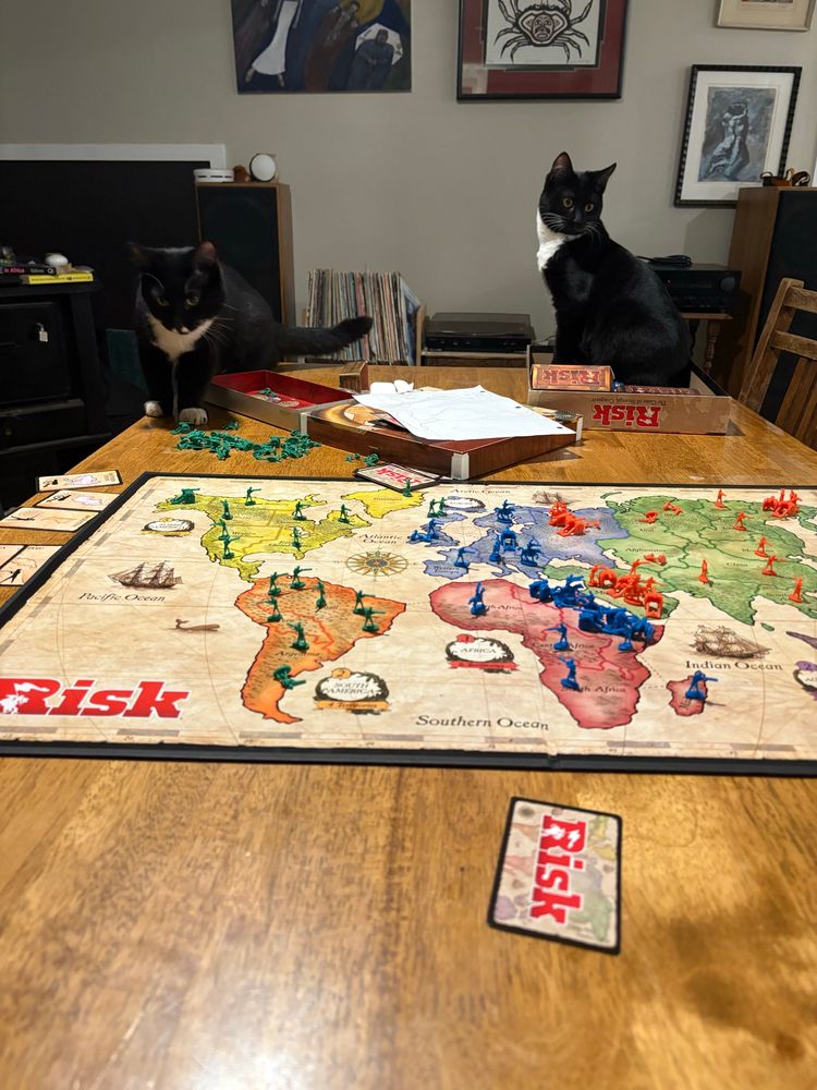 2 tuxedo cats on top of a table with a risk board game in play. The larger tuxedo cat with a mustache walks toward the board, while the smaller cat sits in the upturned top of the box behind him. 