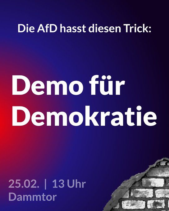 Flyer für eine Demo :
Text: Die AfD hasst diesen Trick 
Demo für Demokratie
25.02. 13 Uhr Dammtor