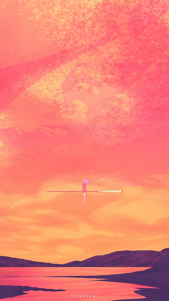 Digital painting of a witch hovering in a warm sunset landscape.