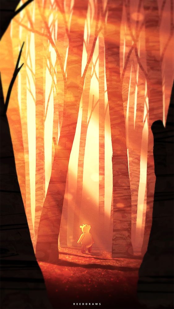 Digital painting of Winnie the Pooh wandering through the Hundred Acre Woods at warm sunset.