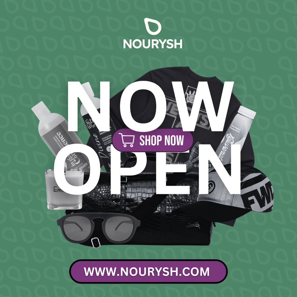 A Now Open sign for the Nourysh.com store