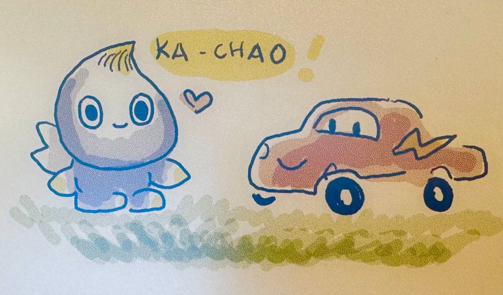 a childlike cartoon drawing of a baby chao from Sonic with Lightning McQueen from Cars, between them is says “ka-chao”