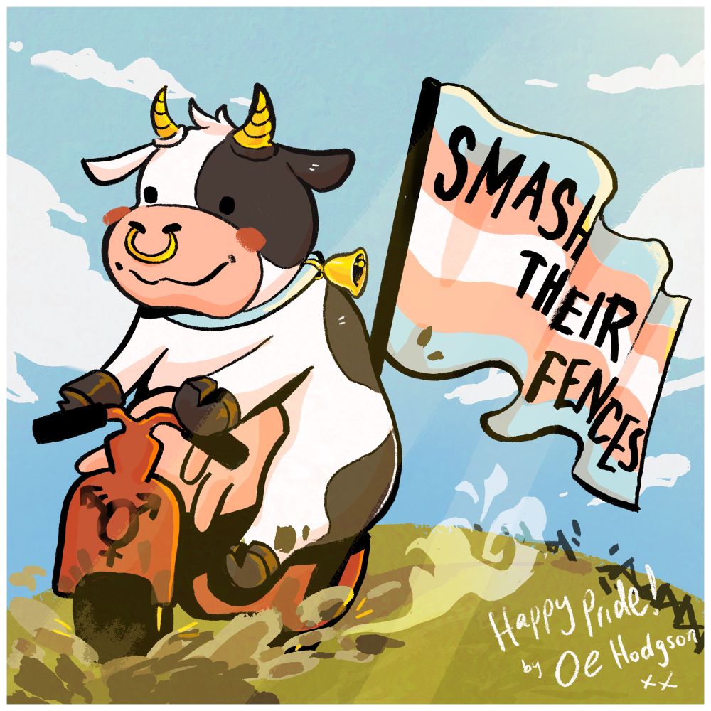 A digital drawing of the Mario Kart cow riding a motorbike with a large flag that trans flag reads “break their fences”. The cow rides through a field leaving behind a broken fence, the front of the motorbike has the transgender symbol on it. Mud is kicking up and the sun is shining. Some people consider the Mario Kart cow to be trans as he has both udders and horns and a septum ring. 