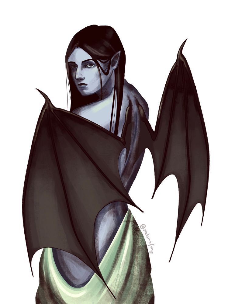 desenho de vampira de costas encarando o espectador e mostrando suas asas 