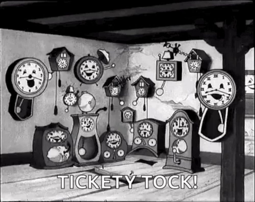 a black and white cartoon of a room filled with clocks and the words `` tickety tock ! ''