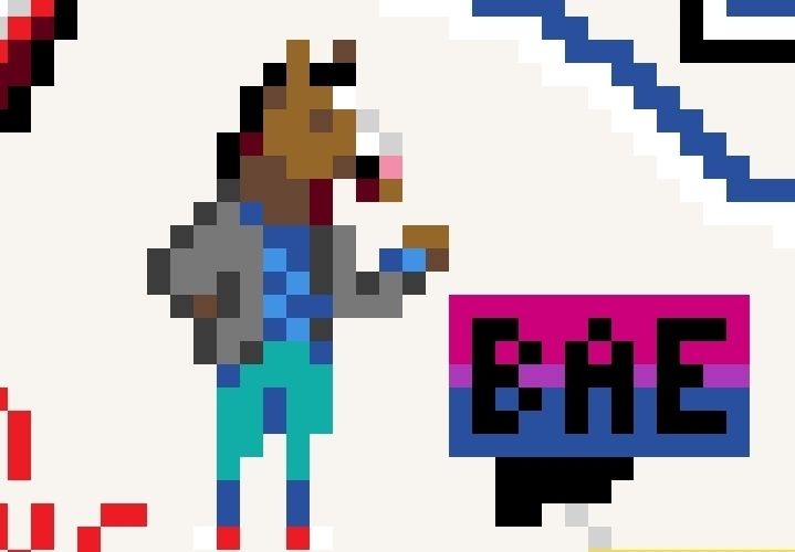 Bojack Horseman in a pixel art style. Also there's a bi flag that says bae
