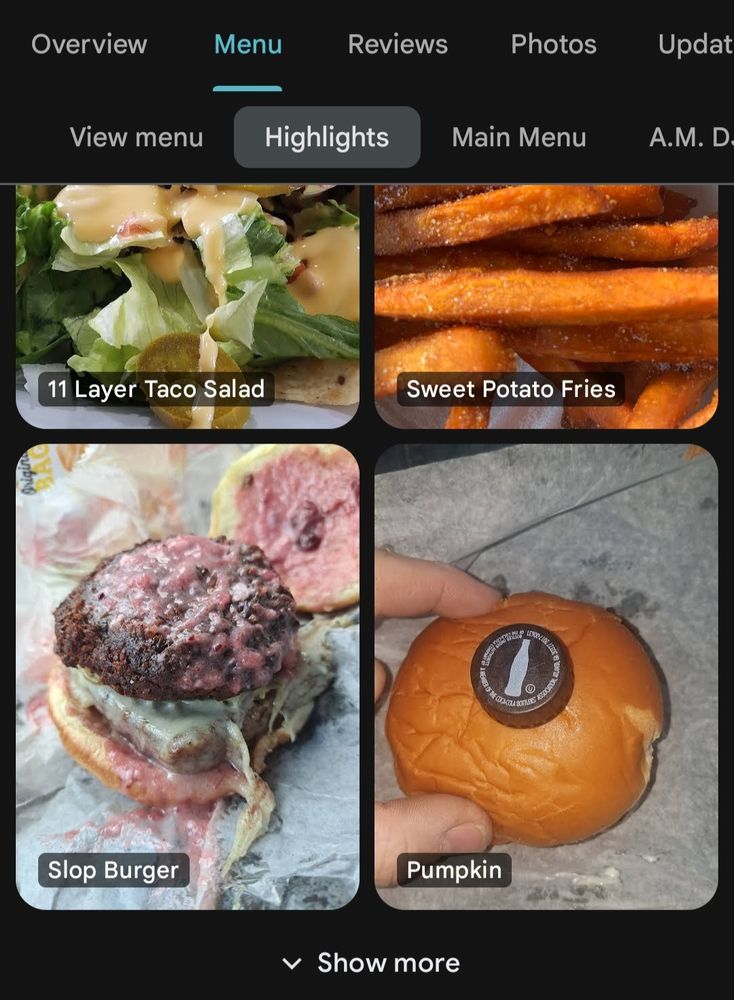 google autogenerated "highlights" for a restaurant menu. one of the items shown is labelled "Pumpkin" - it's an orange-looking hamburger bun with a bottle cap on it, not a pumpkin. there's also a "slop burger." it looks like a slop burger