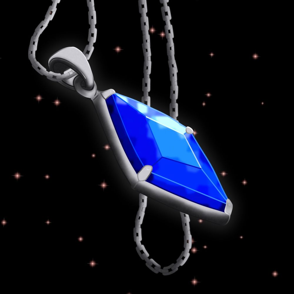 the River Sapphire pendant (a deep blue, diamond-shaped gemstone set into a silver base) on its original silver chain