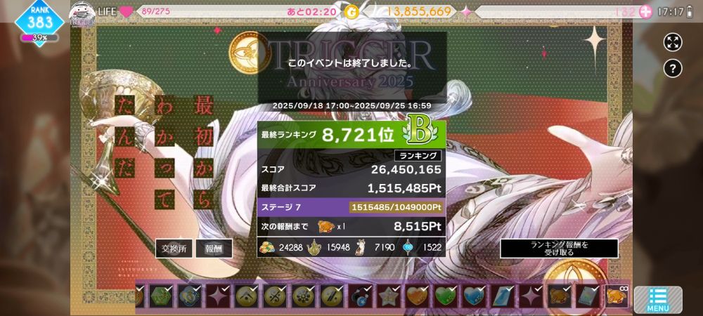 アイドリッシュセブンのイベント「TRIGGER Anniversary 2025」の終了後画面
最終ランキング 8721位 Bグレード
スコア 26450165