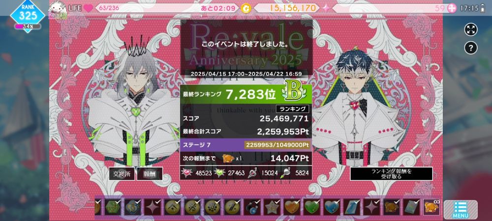 ゲーム『アイドリッシュセブン』のイベント「Re:vale Anniversary 2025」の終了後画面。最終ランキング7283位、グレードB。