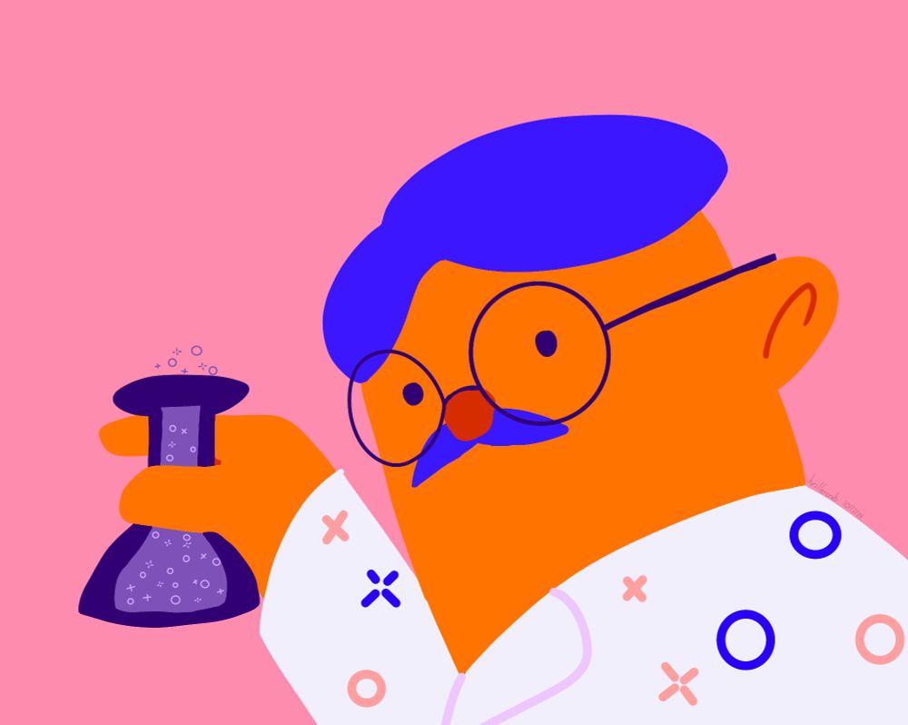 Fanart of Fern from the game Going Under. He is holding a beaker of purple fizzling liquid as he experiments to create new flavors of Fizzle.