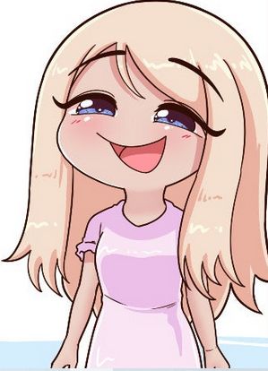 A blonde-haired blue-eyed girl in a pink dress, from the webcomic "I want to be a cute anime girl," smiling smugly.