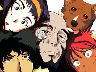 Clockwise from top left, Faye, Ein, Ed, Spike and Jet (centre) from Cowboy Bebop
