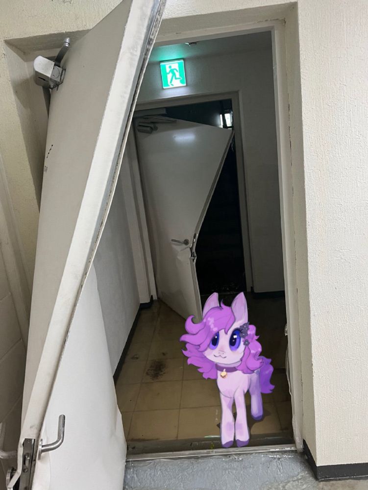 small pony standing menacingly between 2 doors that were broken open
