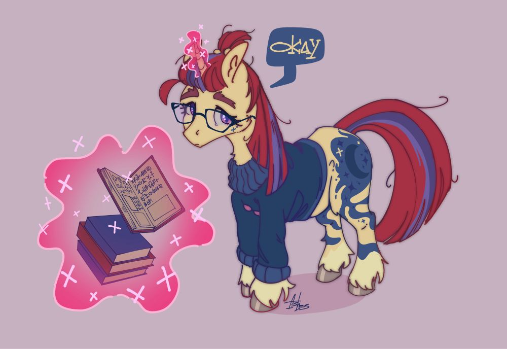 Moondancer from mlp g4 holding some books while saying “Okay”