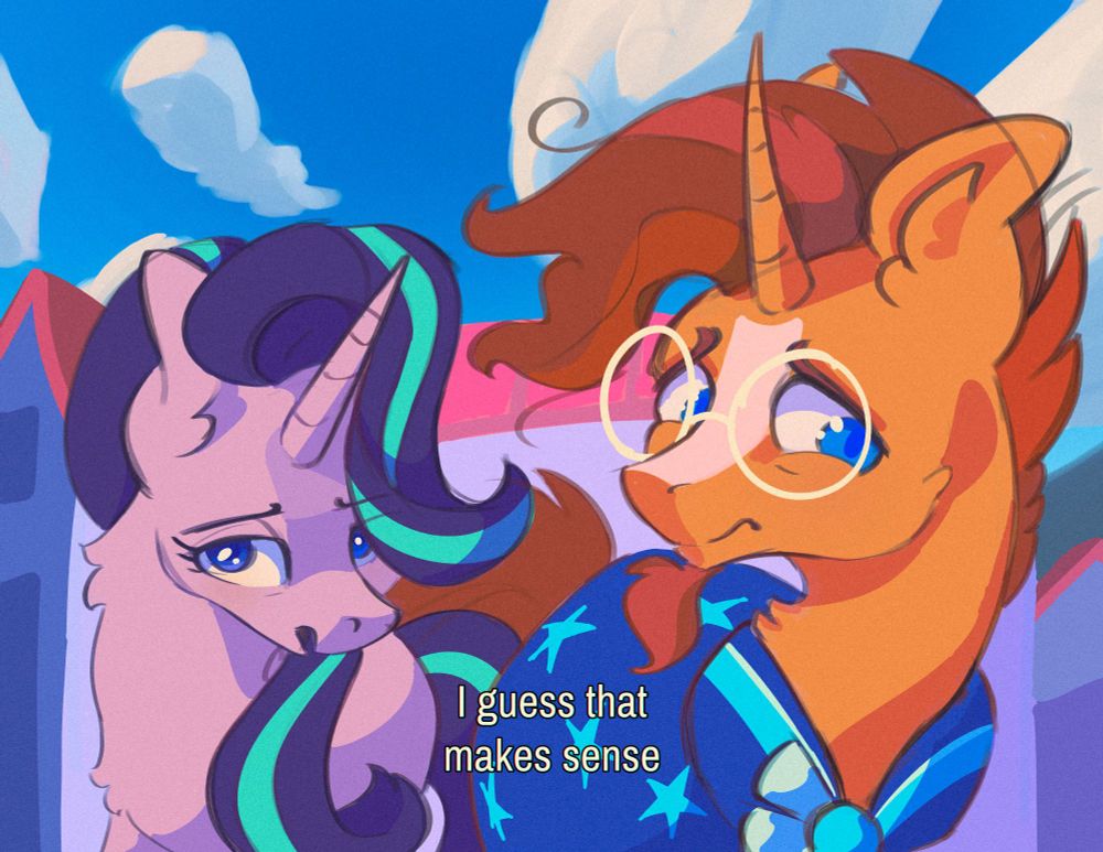 starlight and sunburst from mlp standing together, with starlight saying "I guess that makes sense". Based on screencap from season 8 episode 8 of my little pony "the parent map".