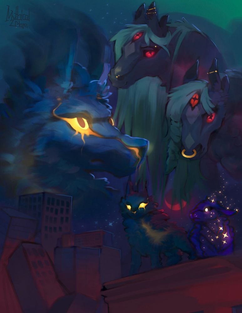giant poster style drawing featuring 3 characters. A wolf over brimming with yellow light that glows from its fur and leaks from its eyes. A lamb made of stars. And a 2 headed horse with 3 red eyes each and long teal/green manes