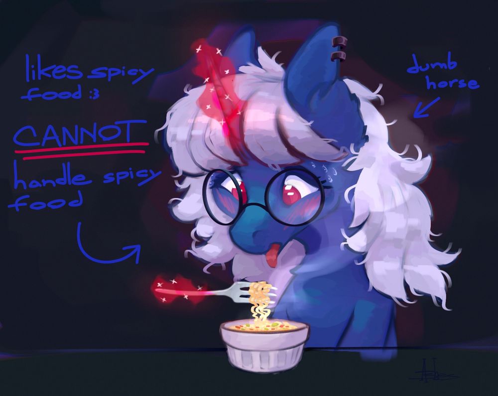 blue unicorn pony sweating while trying to eat a bowl of spicy noodles. “likes spicy food. CANNOT handle spicy food”