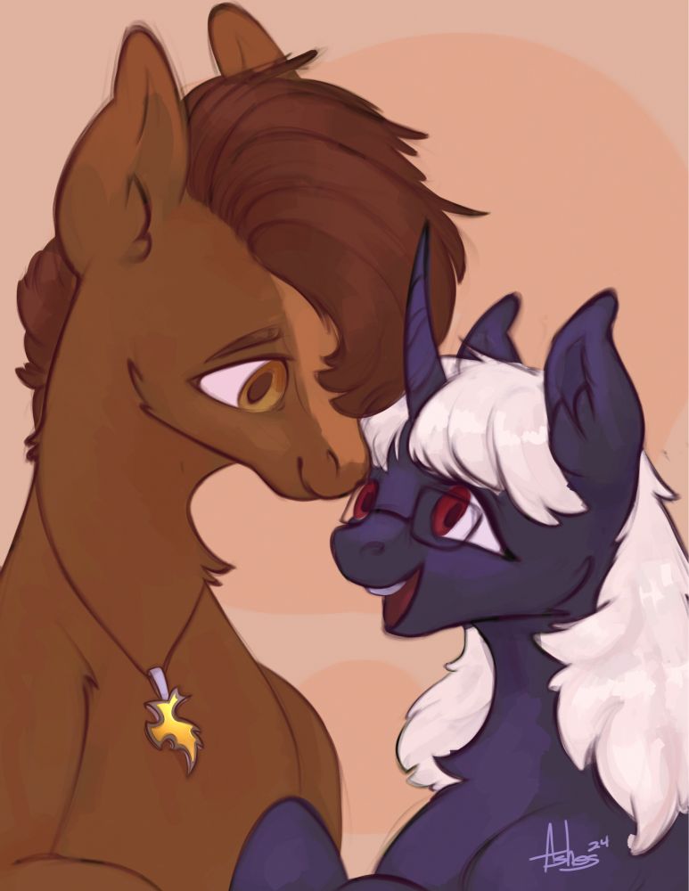Drawing of 2 original characters from My Little Pony. There is a Blue unicorn on the right with a white mane, red eyes, and glasses. On the left, there is a brown earth pony with dark brown hair, bronze eyes, and a necklace charm.