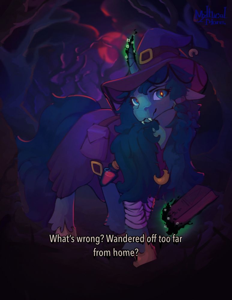 Witch pony standing in a forest of dead trees levitating a spell book with black and green magic saying “What’s wrong? Wandered off too far from home?”
