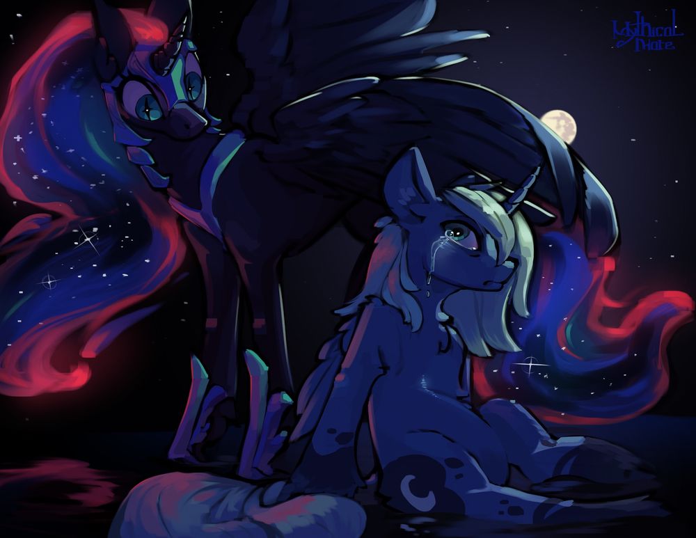 Illustration of Nightmare Moon standing over Luna in a night realm void illuminated by moonlight. Luna is sitting in the water with tears welling up in her eyes looking back at Nightmare Moon