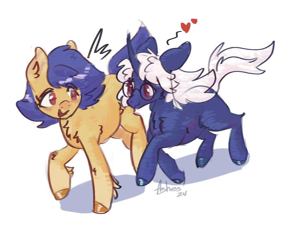 2 original characters from my little pony. There is a blue pony on the right with a white mane, red eyes, and glasses. There is a tiny little heart emote coming from her in response to the pony on the left. The pony on the left is a light tan color with a blue mane and red eyes. She is talking to the blue pony while looking back at her.