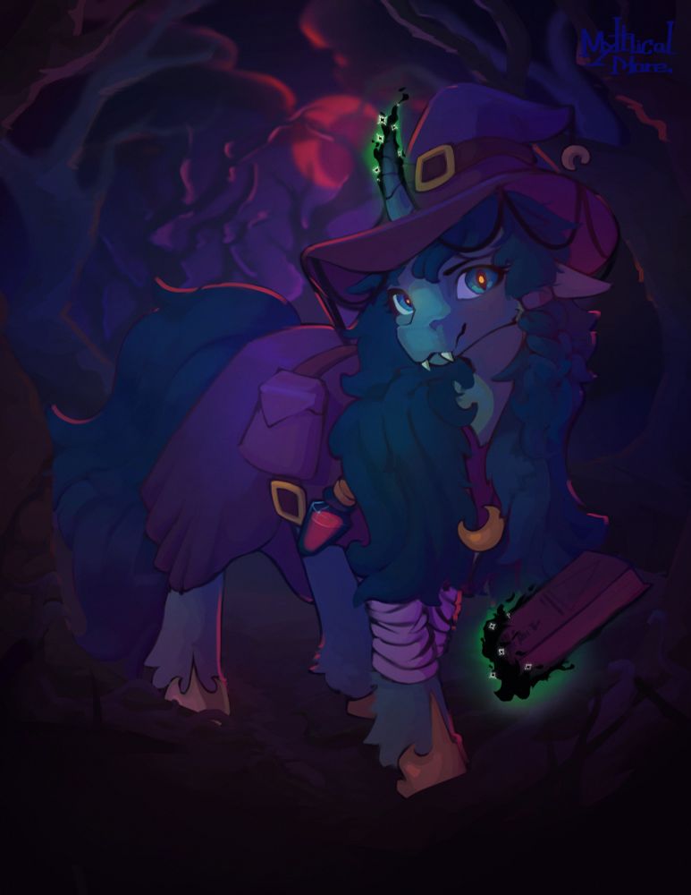 Witch pony standing in a forest of dead trees levitating a spell book with black and green magic 