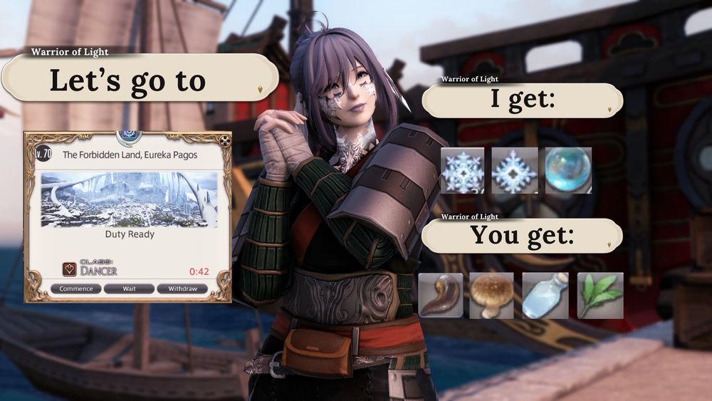 referencing the trade offer: meme, my oc smiles and clasps her hands together next to a speech window that says “let’s go to” with the duty pop ui for eureka pagos. another bubble says “i get” with the icons for crystals and ice. the final bubble says “you get” with icons for the four ingredient drops from eureka. 
