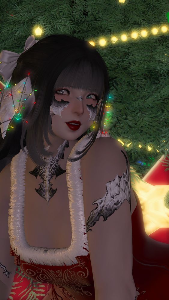 wren leaning forward in front of a christmas tree, looking adoringly to the left. she wears a red dress with a white fur neckline, a white hair ribbon, and christmas lights wrapped around her horns.