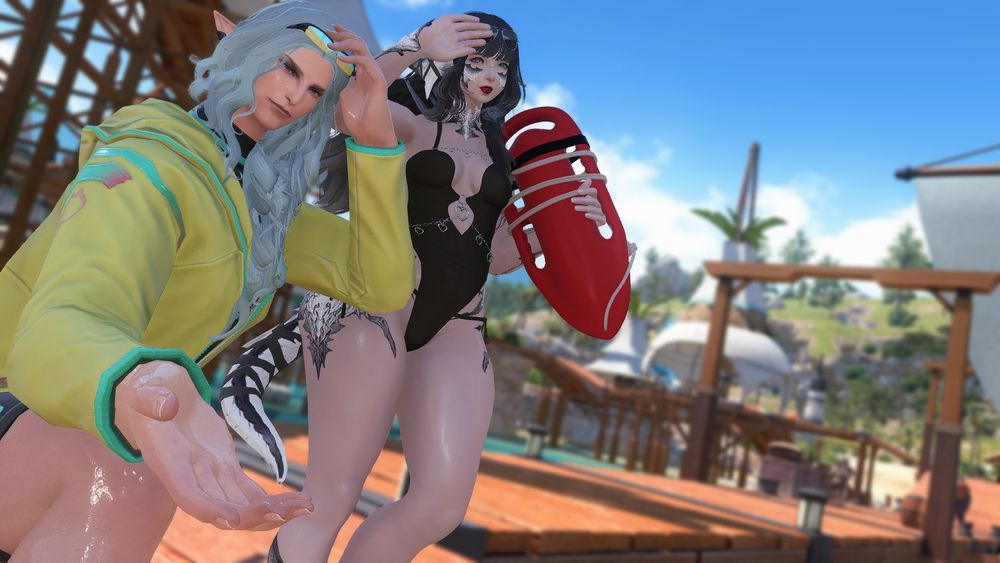 haurchefant kneeling just in front of the camera in costa del sol, extending his hand to the viewer. he wears yellow lifeguard gear from the official art but has long hair falling over his shoulder. behind him, wren holds a hand over her eyes and carries a lifeguard float