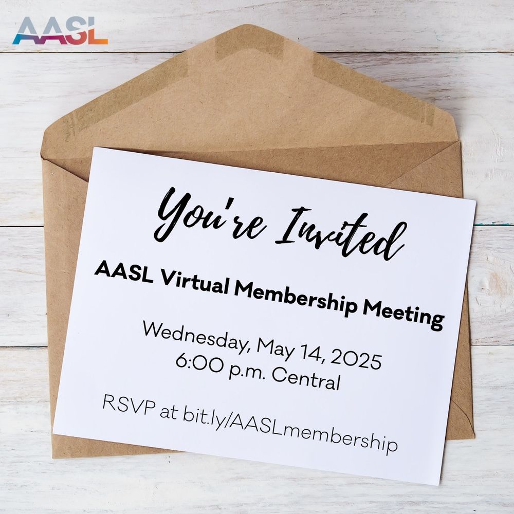 Invitation card for AASL Virtual Membership Meeting on Wednesday, May 14, 2025, at 6:00 p.m. Central, placed atop an envelope on a wooden surface. RSVP link provided.