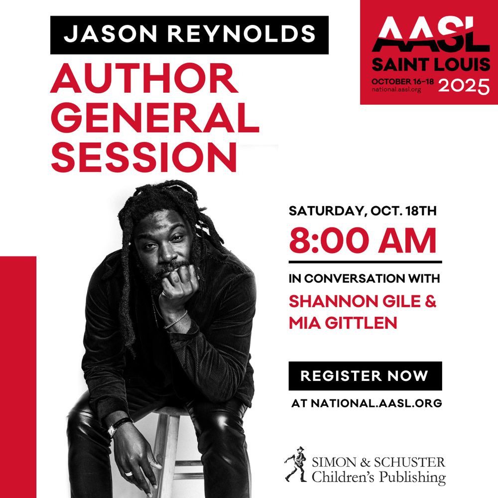 Promotional poster for AASL St. Louis event featuring Jason Reynolds. Scheduled for October 18, 2025, includes Jason Reynolds in conversation with Shannon Gile and Mia Gittlen. Details encourage to register now with red and white text on a black background.