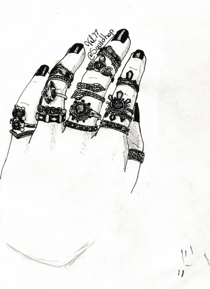 black and white pen sketch of a hand wearing a frankly absurd amount of rings