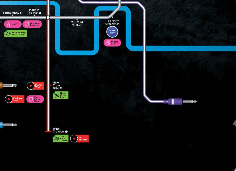 map showing the blank bit of the music tube map beyond New Cross Gate and North Greenwich