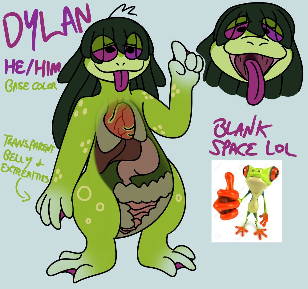 A green frog with yellow spots along the arms and legs, and a transparent chest and belly, showing off the internal organs. The tips of the hands and feet are also transparent. He has slightly differently colored purple eyes and tongue, and long greenish-black dreadlocks. A side doodle depicts him with his mouth wide open, showing down his throat. There is also a stock image of a frog on the image labeled “BLANK SPACE LOL”.