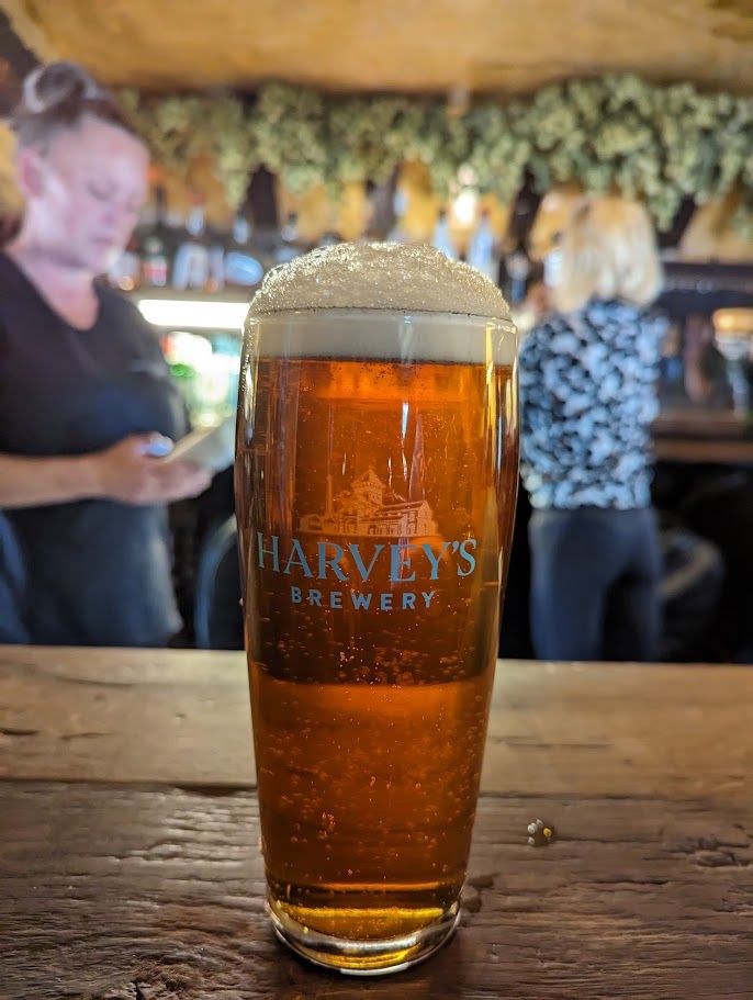 A terrible photo of a pint of Harvey's Best, taken after having had several of them. Harvey's use Isinglass to fine their beers, giving them their famous clarity.