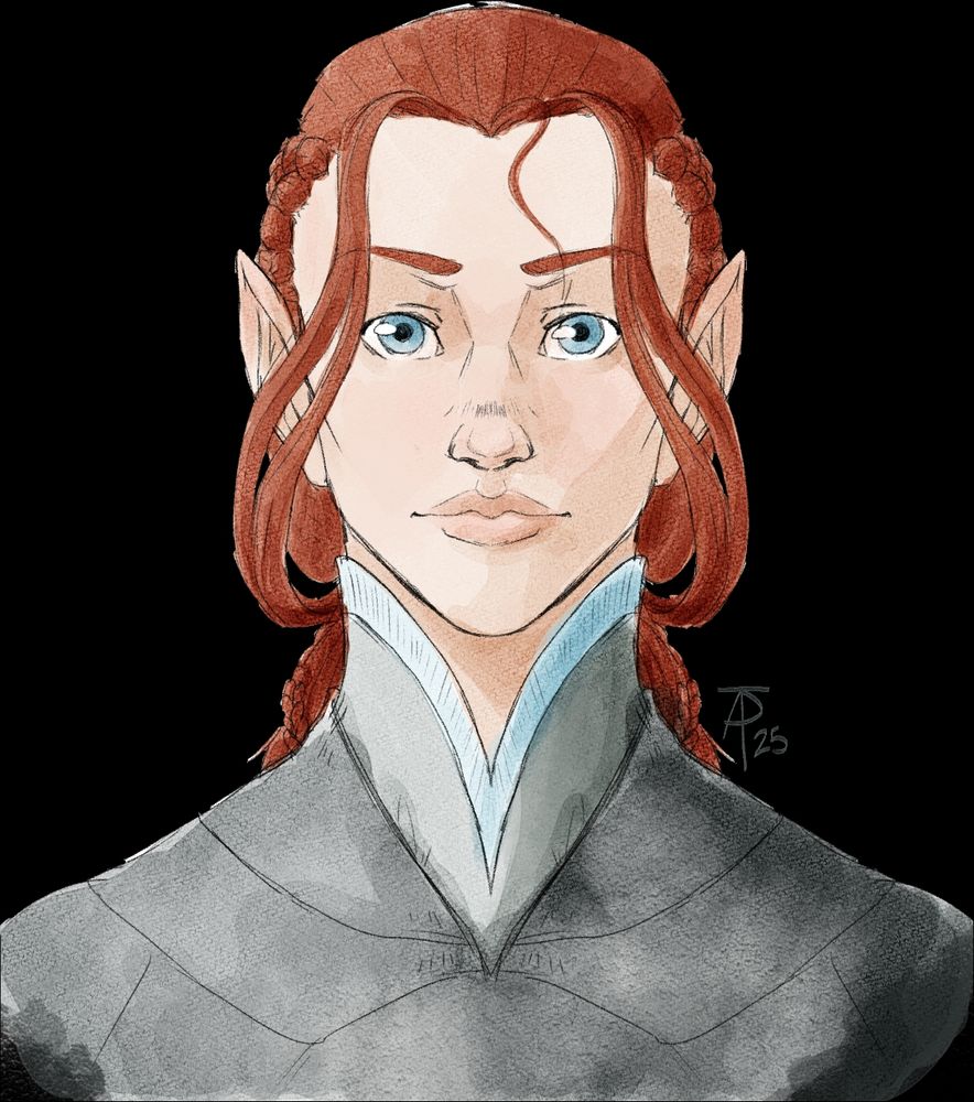 A simple portrait of a Tolkien-esque elf with stormy blue eyes and red hair loosely tied and braided.