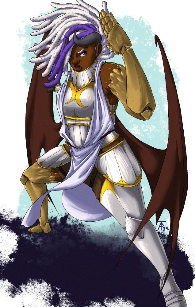 A full body commissioned illustration of a well-armored, well-endowed woman with dark skin, white dreadlocks with a streak of purple within that fly over her head with her movement, two bat-like wings, and an artificial left arm and right leg that appear to be made out of a golden gemstone-like material. She plants herself in a defensive stance with a serious look on her face toward whatever it is she's fighting.