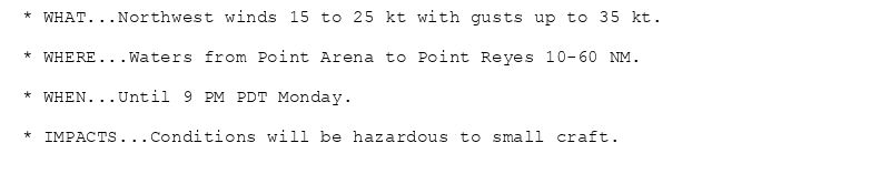 * WHAT...Northwest winds 15 to 25 kt with gusts up to 35 kt.

* WHERE...Waters from Point Arena to Point Reyes 10-60 NM.

* WHEN...Until 9 PM PDT Monday.

* IMPACTS...Conditions will be hazardous to small craft.
