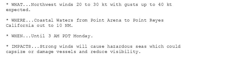 * WHAT...Northwest winds 20 to 30 kt with gusts up to 40 kt
expected.

* WHERE...Coastal Waters from Point Arena to Point Reyes
California out to 10 NM.

* WHEN...Until 3 AM PDT Monday.

* IMPACTS...Strong winds will cause hazardous seas which could
capsize or damage vessels and reduce visibility.