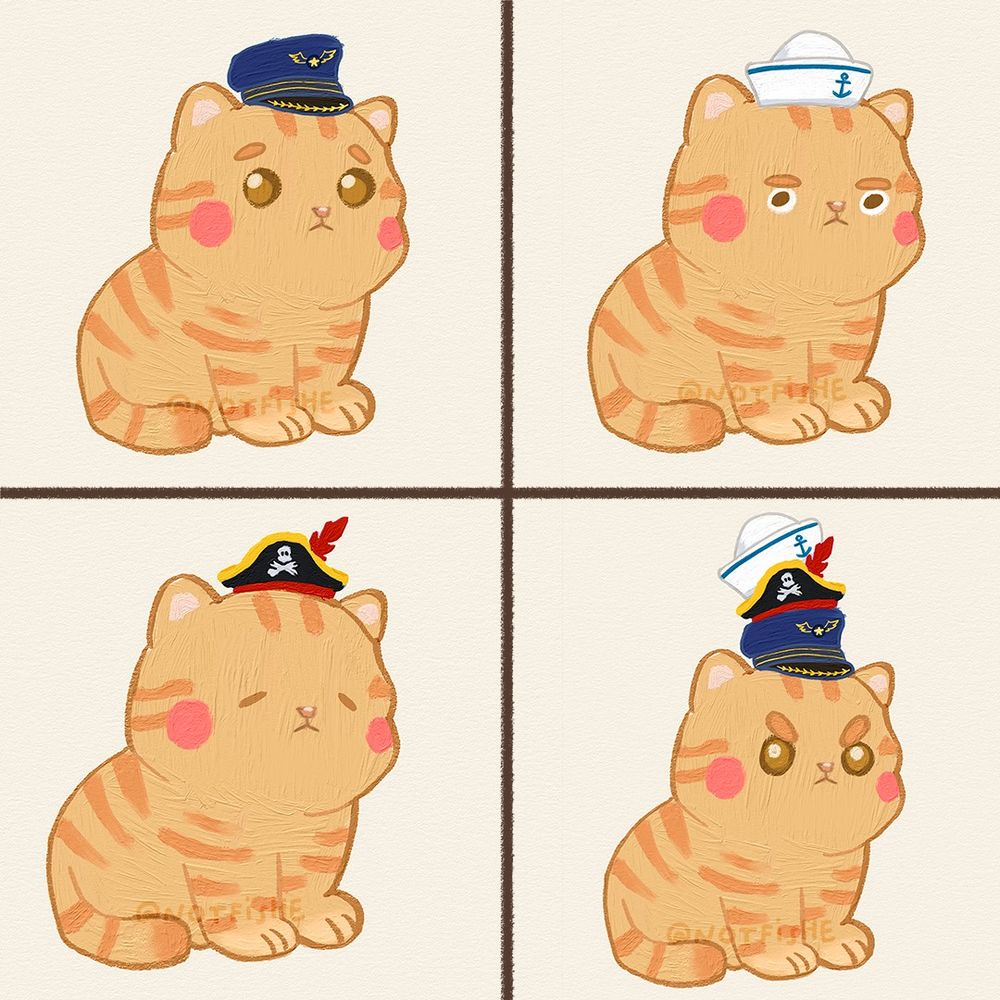 This is a charming image of an orange tabby cat depicted in four panels, each with a different combination of sailor and pirate hats. The progression humorously builds from the cat wearing single hats to all of them stacked at once